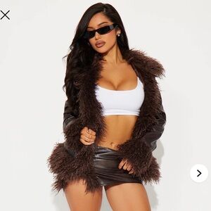 Fashion Nova Dark Brown Leather Jacket with Faux Fur